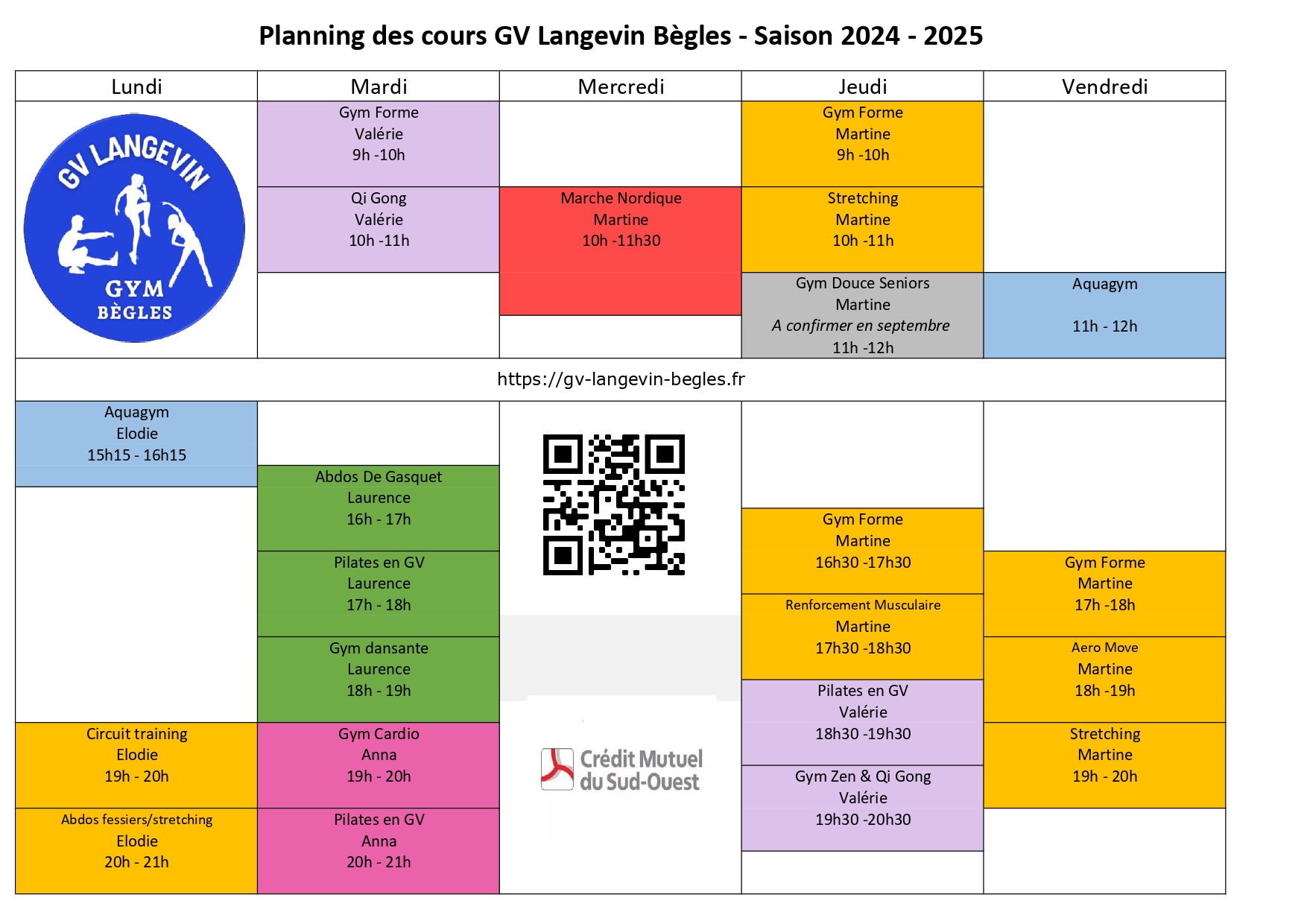 Planning des cours GV Langevin Bègles